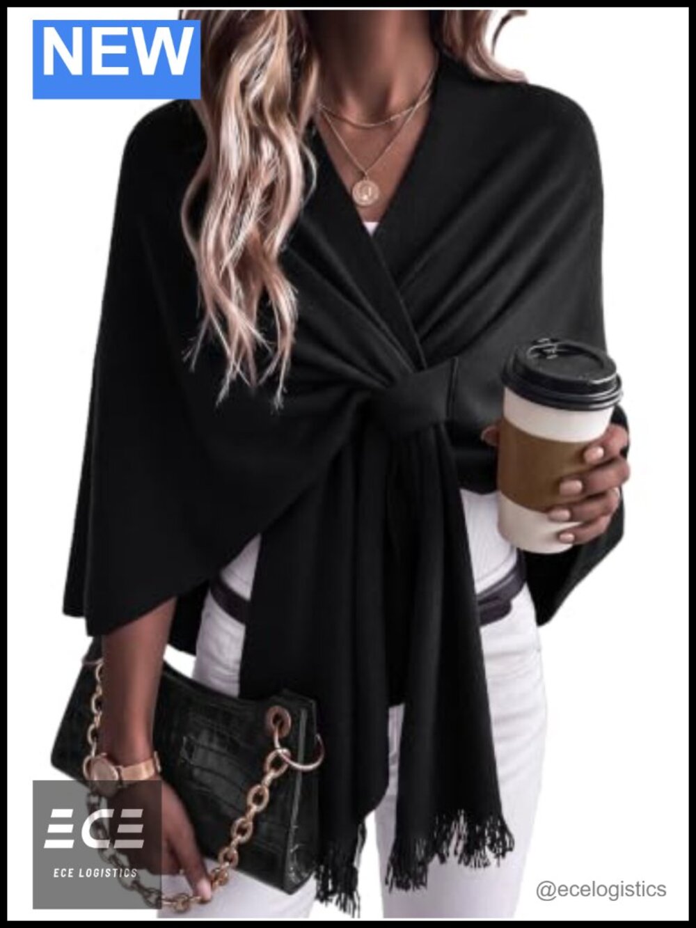 Wool Blend Front Loop Fleece Sweater Shawl Wrap Fringe